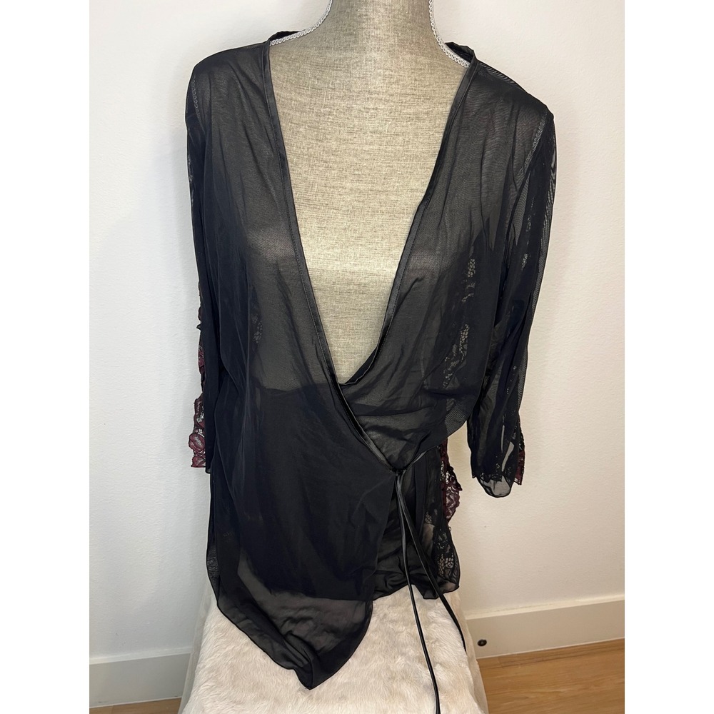 Frederick's of Hollywood Wrap Robe Womens XL Black Sheer Lace Mesh Excellent